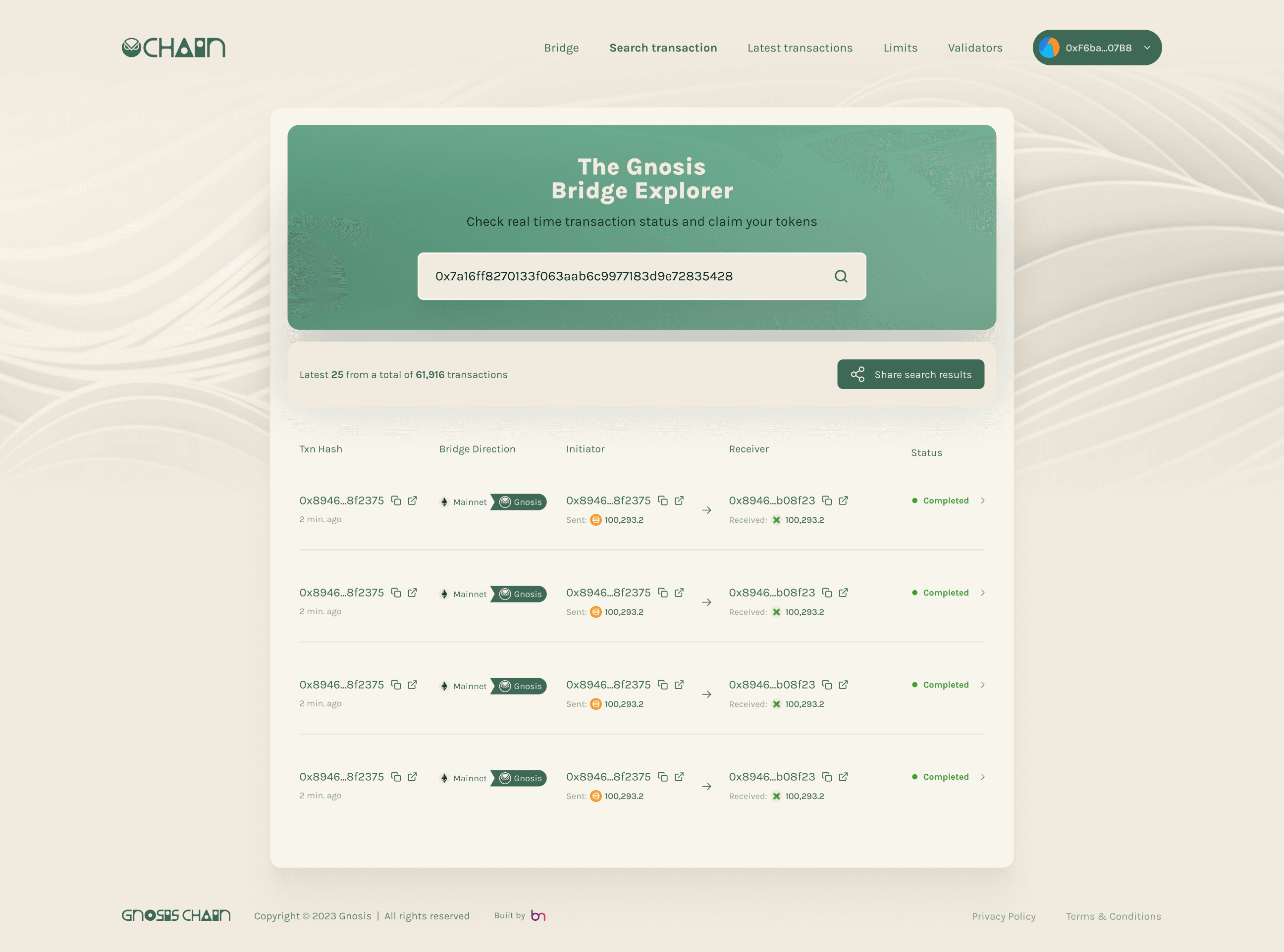 Gnosis Bridge transaction detail with validator status