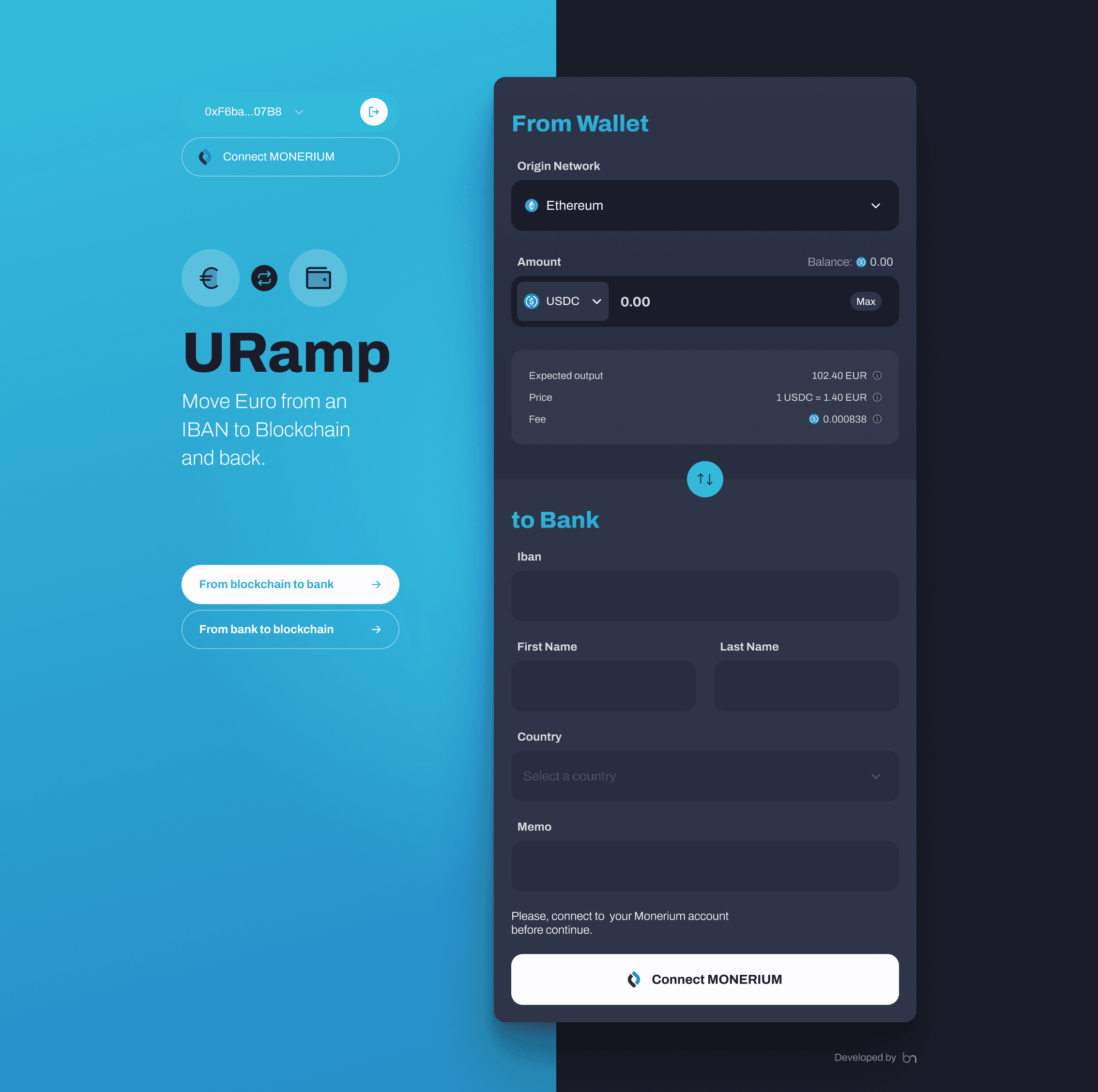 URamp bidirectional transfer view showing wallet and IBAN